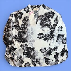 NWT MELLODAY Black and White Floral Blouse sz L